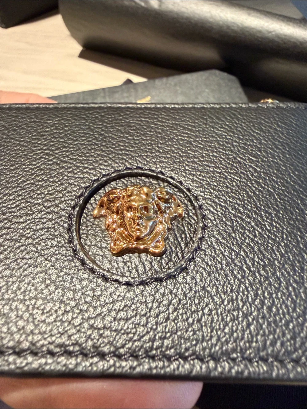 Versace Black Leather Card Case with Gold Medusa Accent